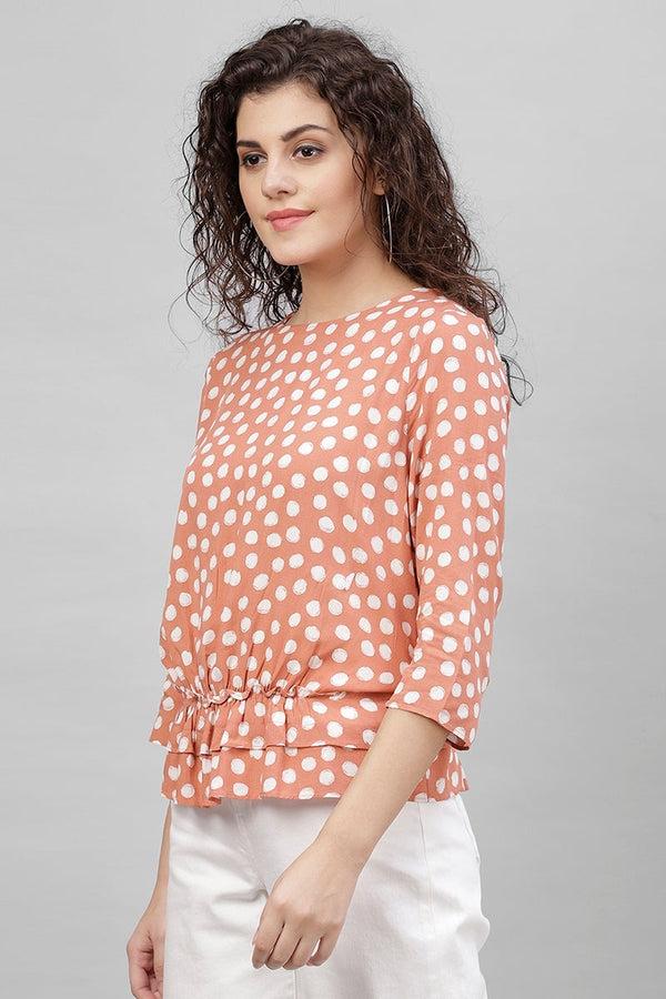 Gipsy Gipsy Dark Beige Polka Dots Cotton Linen Top Beige