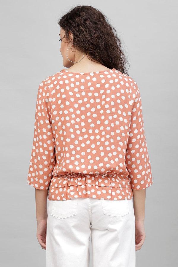 Gipsy Gipsy Dark Beige Polka Dots Cotton Linen Top Beige