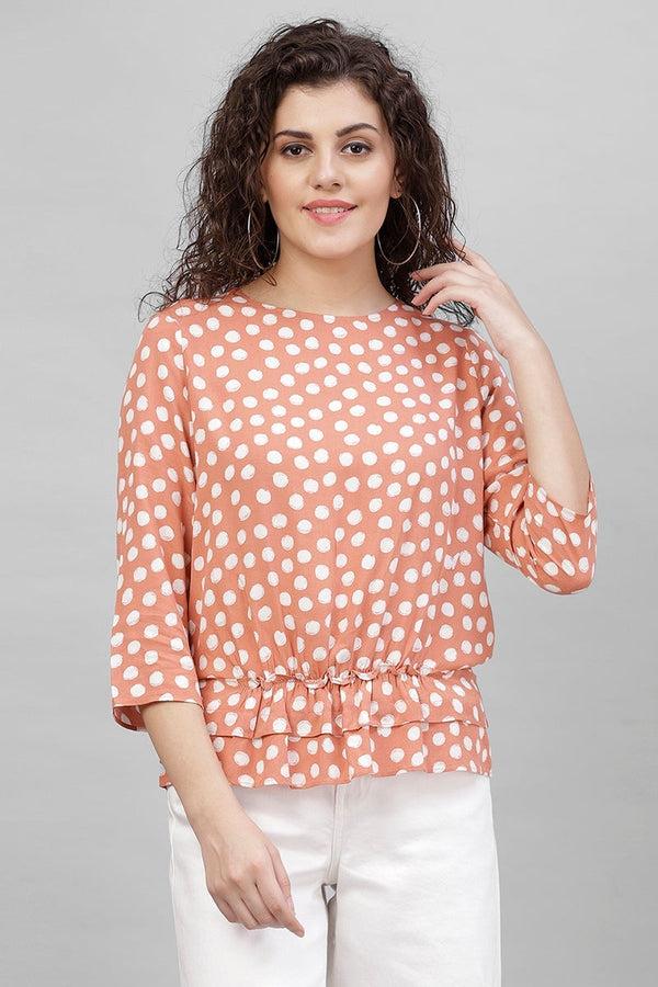 gipsy Gipsy Dark Beige Polka Dots Cotton Linen Top Beige