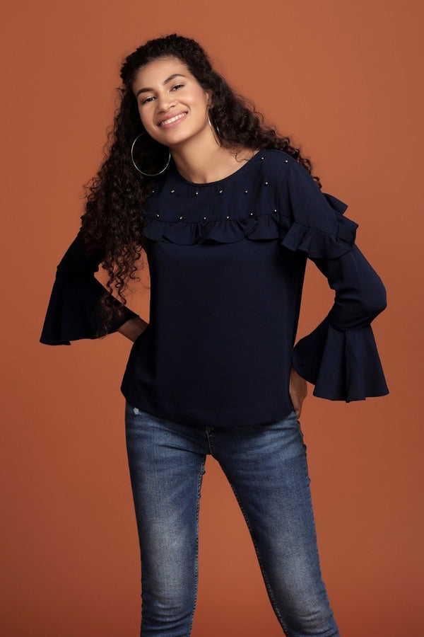 Gipsy Dazzling Embellished Top Navy