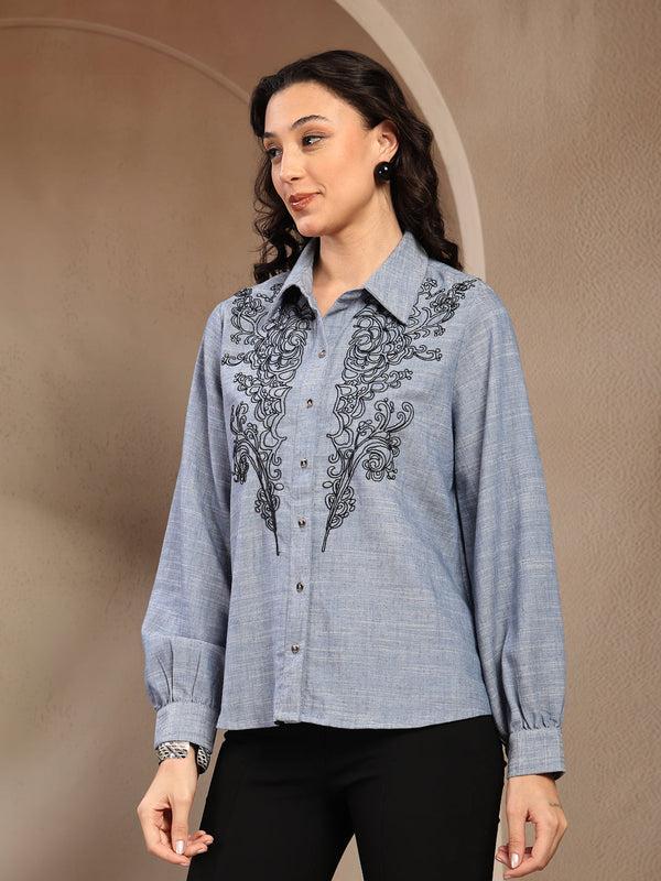 Gipsy Gipsy Denim Blue Solid Cotton Shirt Denim Blue