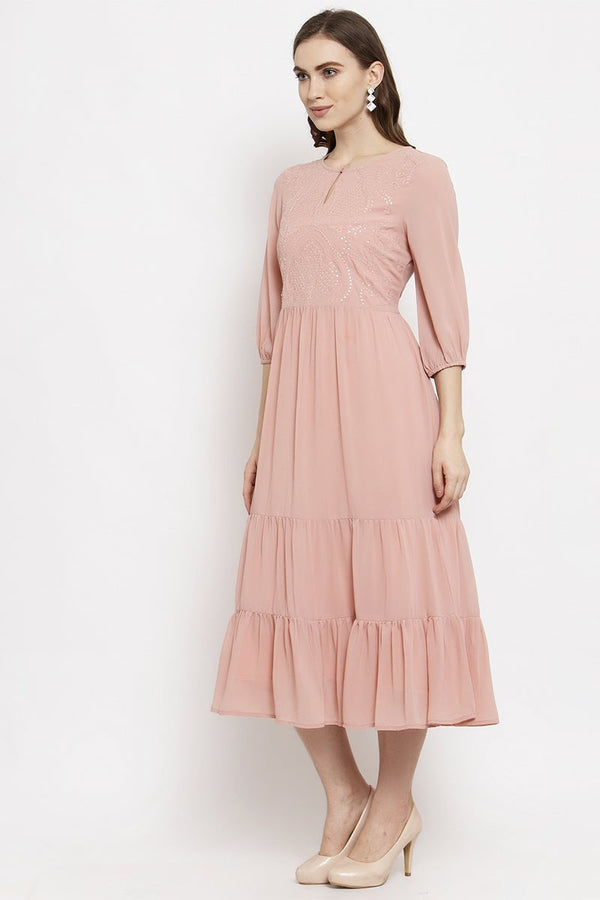 Gipsy Gipsy Dusky Pink Midi Length Round Neck Georgette Dress Dusky Pink