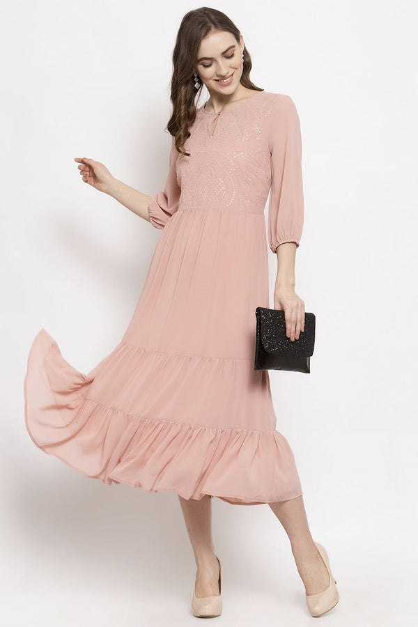 Gipsy Gipsy Dusky Pink Midi Length Round Neck Georgette Dress Dusky Pink
