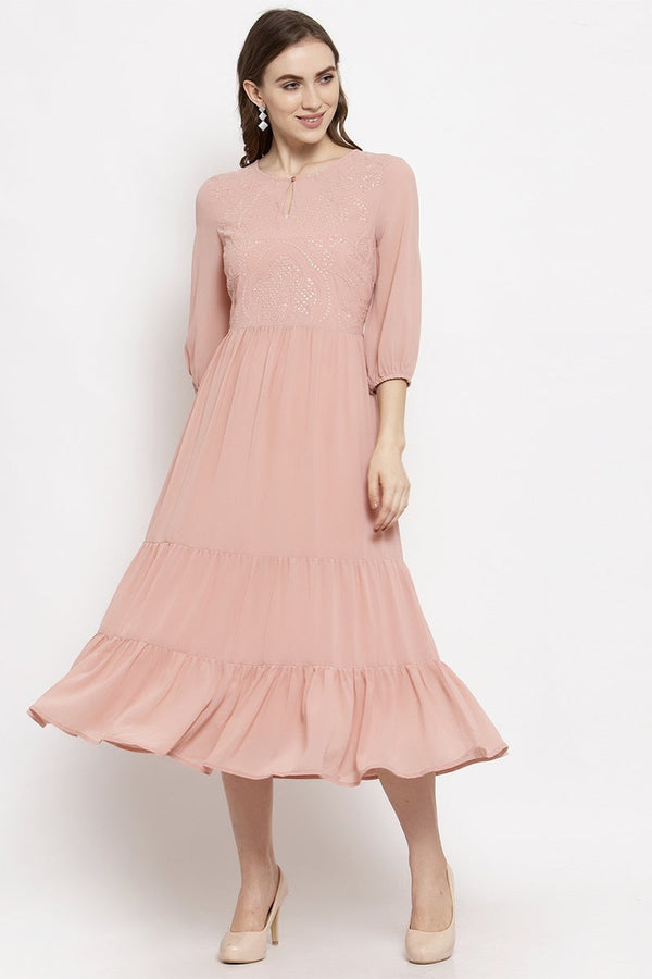 gipsy Gipsy Dusky Pink Midi Length Round Neck Georgette Dress Dusky Pink