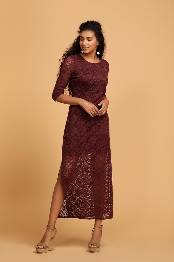 gipsy Elegant Maroon Net Dress Wine