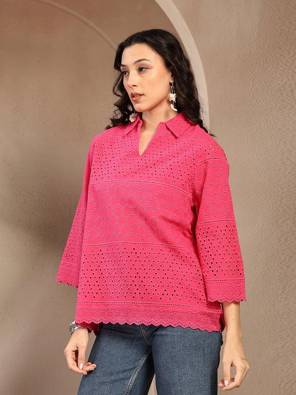 Gipsy Gipsy Fushia Pink Solid Schiffli Cotton Tunic Fushia Pink