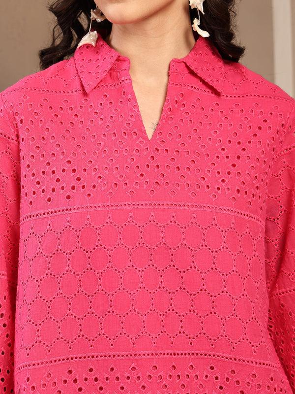 Gipsy Gipsy Fushia Pink Solid Schiffli Cotton Tunic Fushia Pink