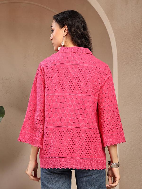 Gipsy Gipsy Fushia Pink Solid Schiffli Cotton Tunic Fushia Pink