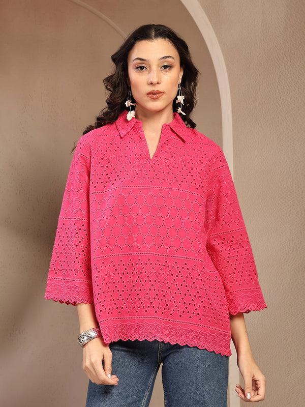 gipsy Gipsy Fushia Pink Solid Schiffli Cotton Tunic Fushia Pink