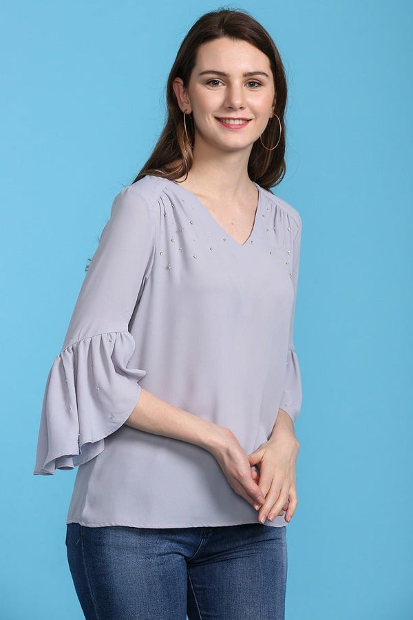 Gipsy Gathered Bell Sleeves Top Silver Grey
