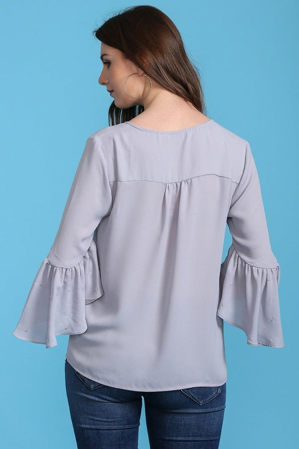 Gipsy Gathered Bell Sleeves Top Silver Grey