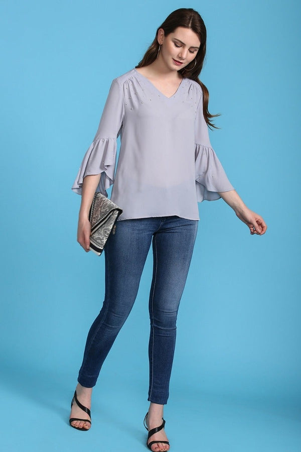 Gipsy Gathered Bell Sleeves Top Silver Grey