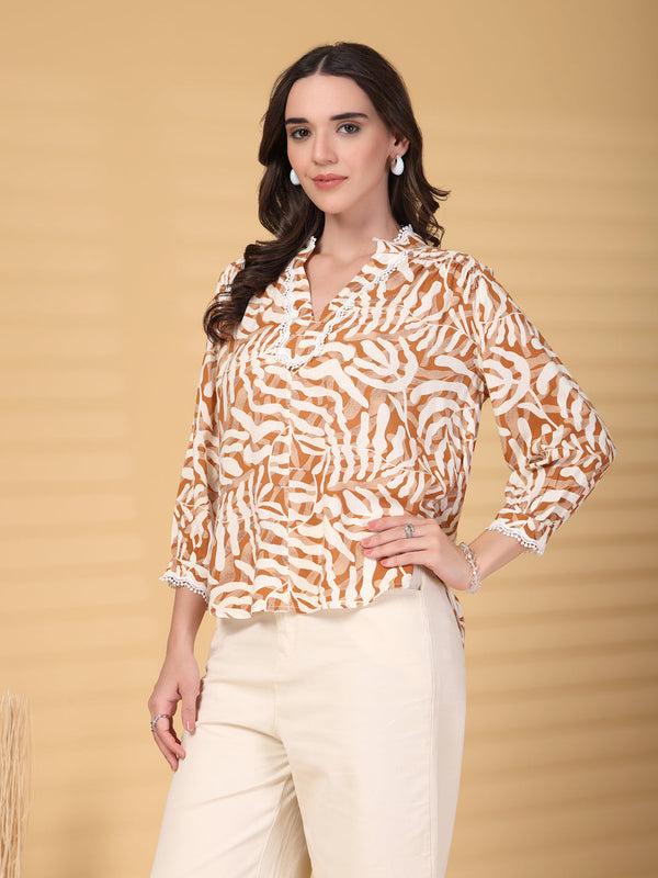 Gipsy Gipsy Beige Abstract Print Lace Rayon Tunic