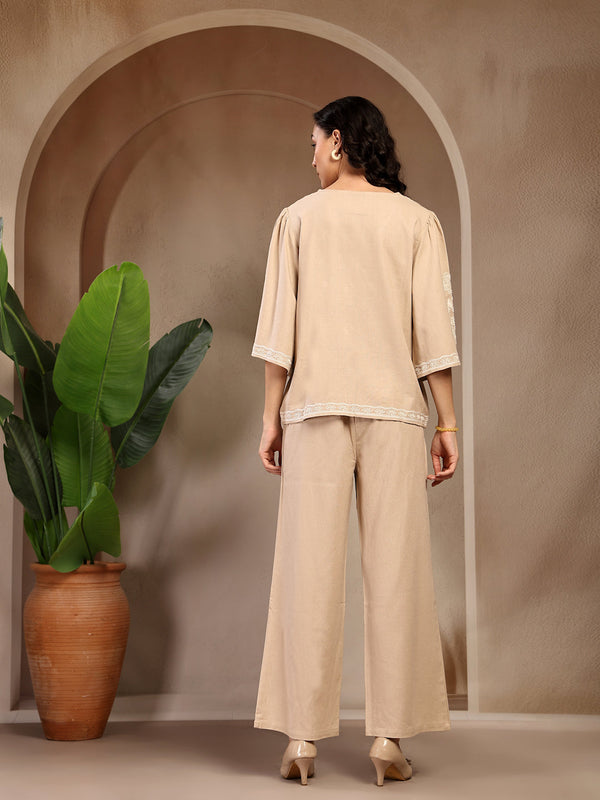 Gipsy Gipsy Beige Embroidered Linen Cord Set Beige