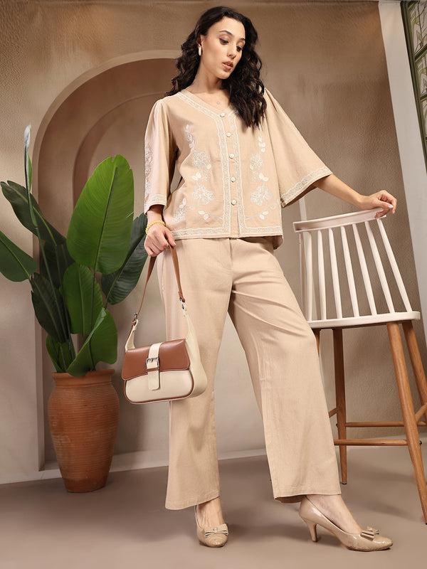 Gipsy Gipsy Beige Embroidered Linen Cord Set Beige