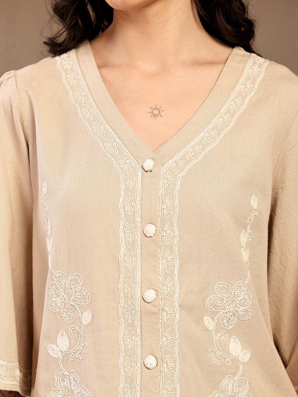 Gipsy Gipsy Beige Embroidered Linen Cord Set Beige