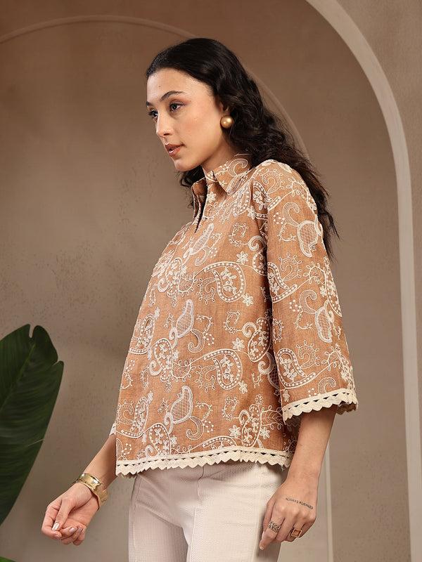 Gipsy Gipsy Beige Embroidered Rayon Tunic