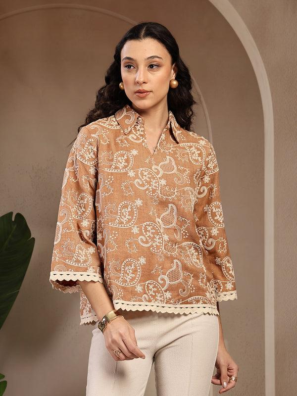 gipsy Gipsy Beige Embroidered Rayon Tunic