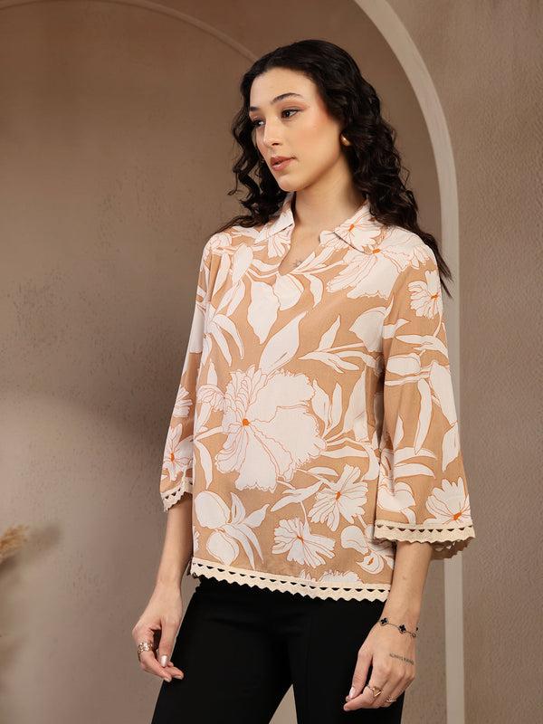 Gipsy Gipsy Beige Floral Printed Rayon Tunic