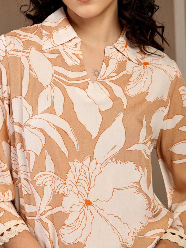 Gipsy Gipsy Beige Floral Printed Rayon Tunic