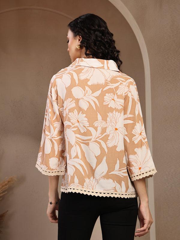 Gipsy Gipsy Beige Floral Printed Rayon Tunic