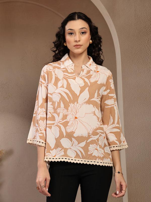 gipsy Gipsy Beige Floral Printed Rayon Tunic
