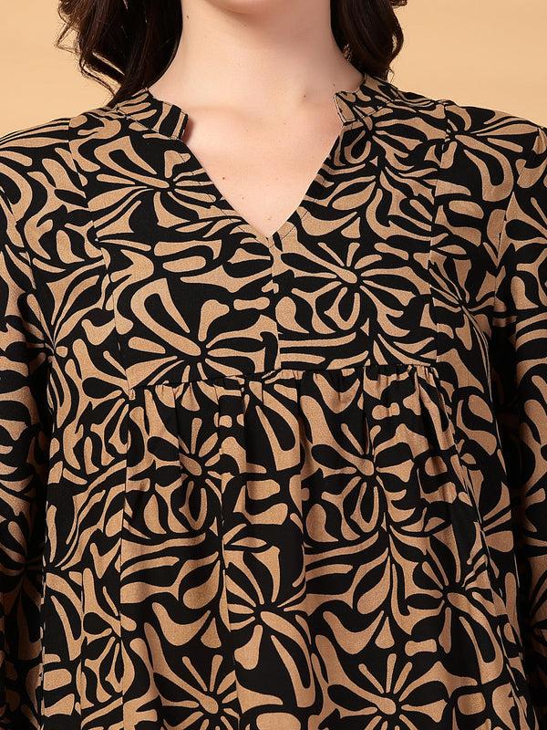 Gipsy Gipsy Black & Beige Printed Rayon Tunic