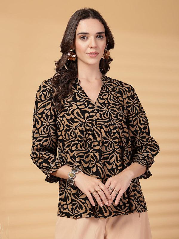 gipsy Gipsy Black & Beige Printed Rayon Tunic