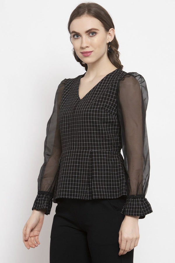 Gipsy Gipsy Black Checked Cotton Net Top Black