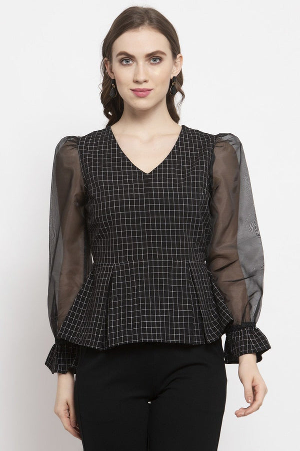 gipsy Gipsy Black Checked Cotton Net Top Black