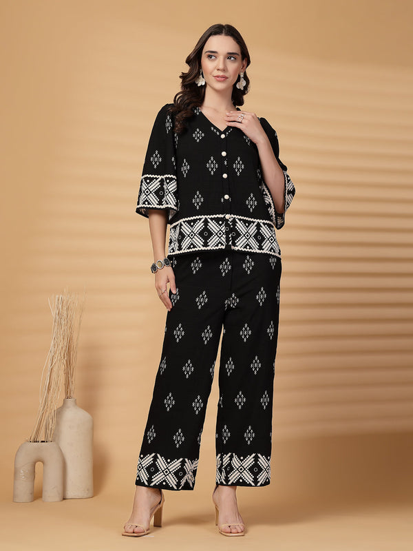 gipsy Gipsy Black Printed Rayon Top With Pants