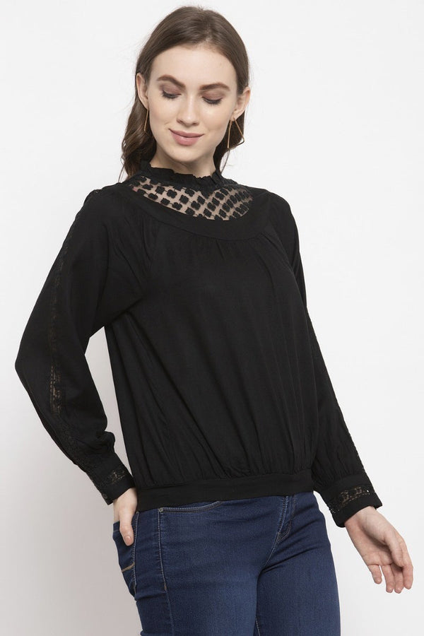 Gipsy Gipsy Black Solid Rayon Net Top Black
