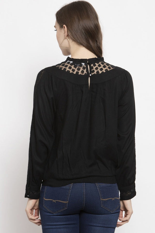 Gipsy Gipsy Black Solid Rayon Net Top Black