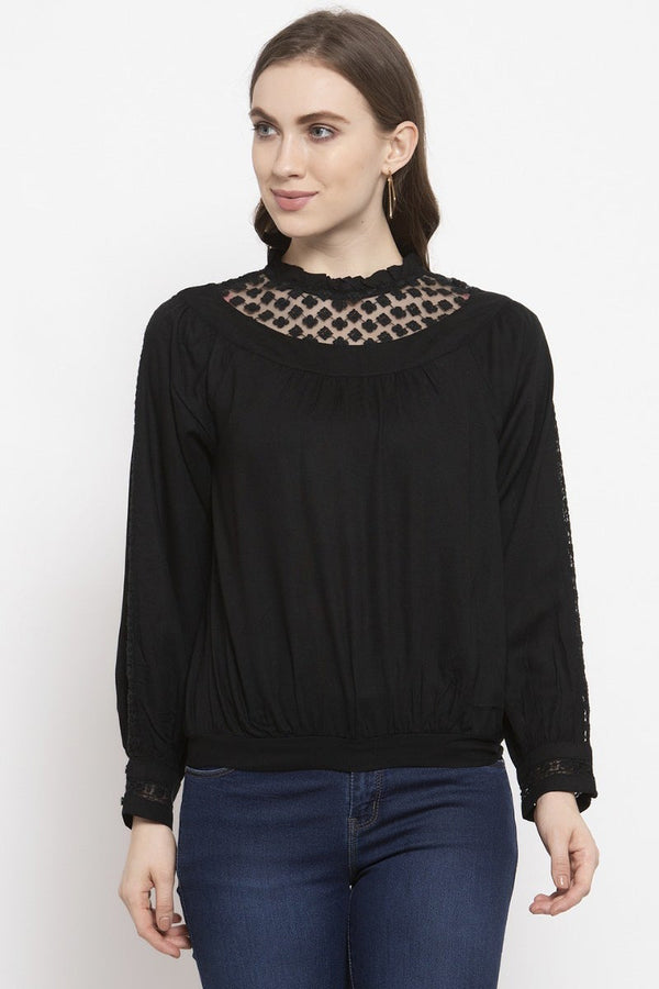 gipsy Gipsy Black Solid Rayon Net Top Black