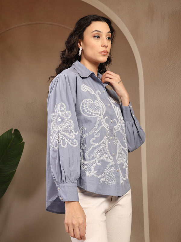 Gipsy Gipsy Blue Embroidered Cotton Shirt