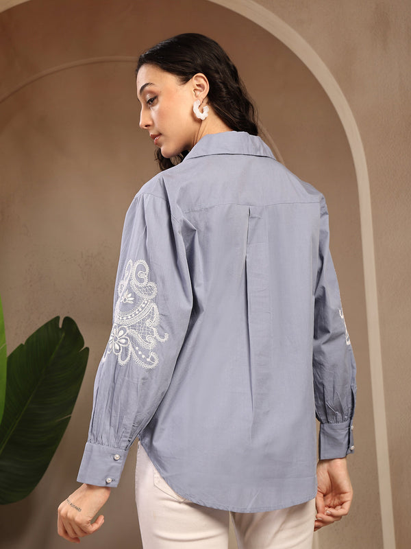 Gipsy Gipsy Blue Embroidered Cotton Shirt