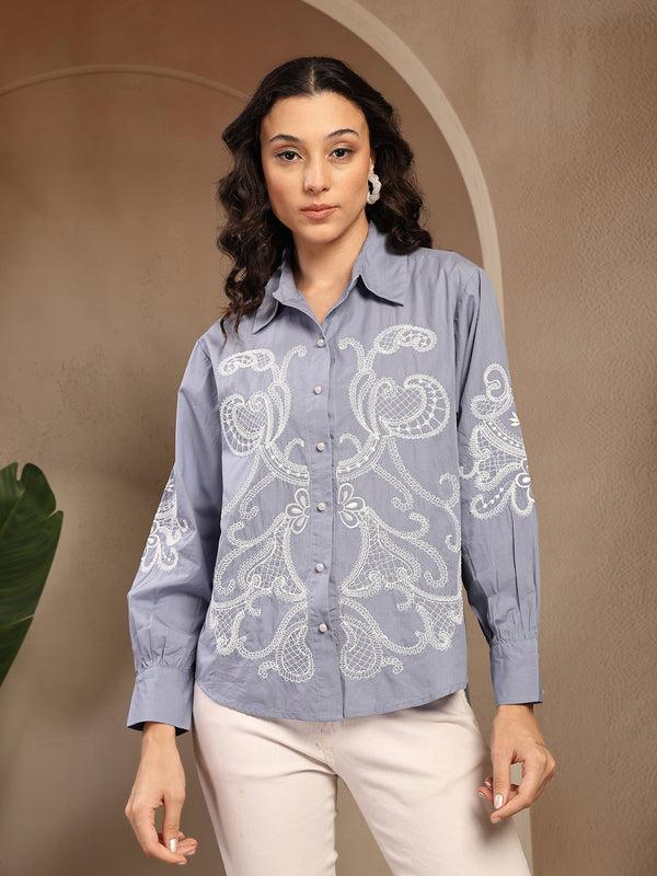 gipsy Gipsy Blue Embroidered Cotton Shirt