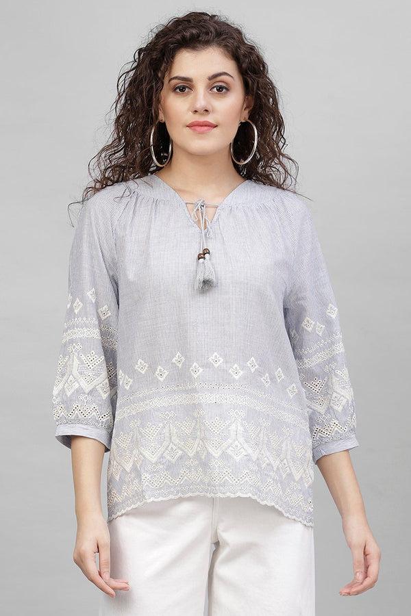 gipsy Gipsy Blue Emproidered Cotton Tunic Blue
