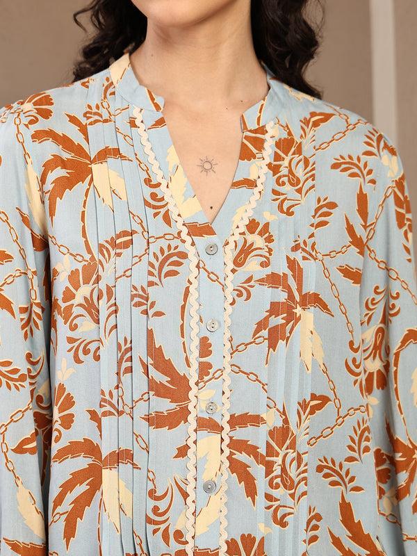 Gipsy Gipsy Blue Floral Printed Rayon Tunic