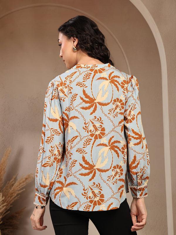 Gipsy Gipsy Blue Floral Printed Rayon Tunic