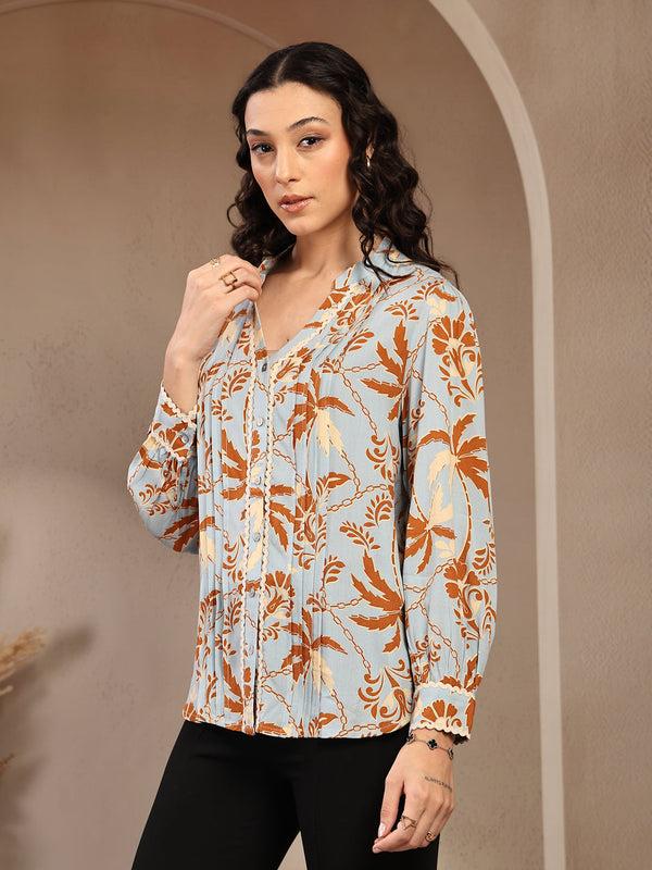 Gipsy Gipsy Blue Floral Printed Rayon Tunic