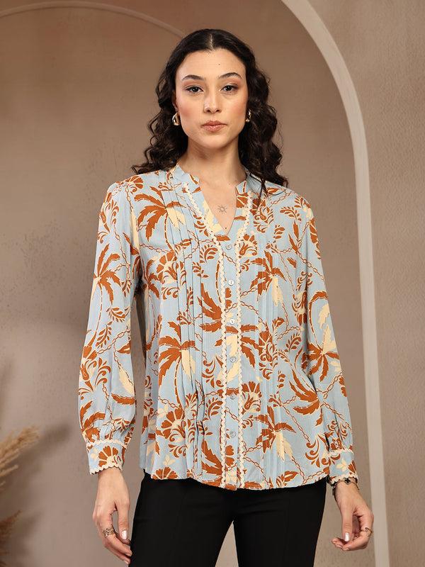 gipsy Gipsy Blue Floral Printed Rayon Tunic