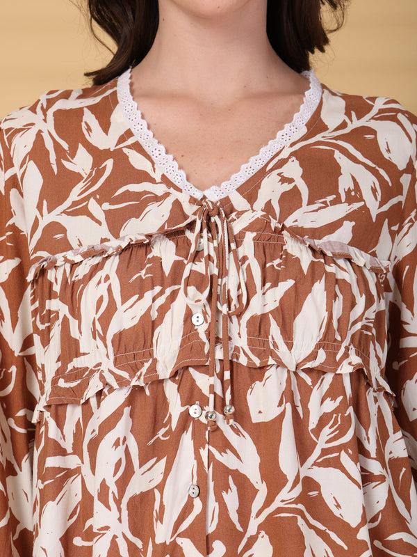 Gipsy Gipsy Brown Printed Rayon Blouse