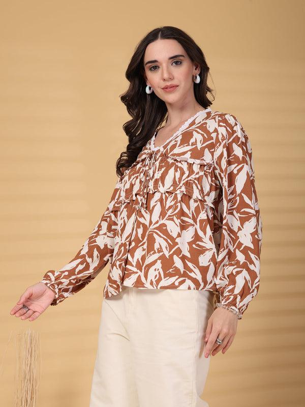 Gipsy Gipsy Brown Printed Rayon Blouse