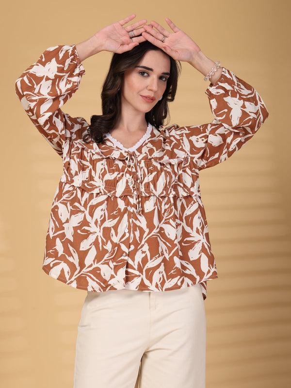 gipsy Gipsy Brown Printed Rayon Blouse