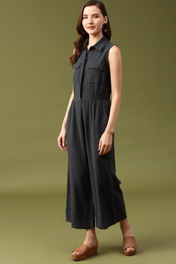 Gipsy Gipsy Dark Grey Solid Cotton Dress Grey