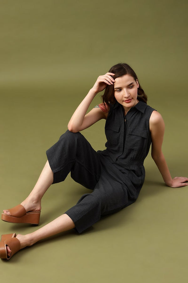 Gipsy Gipsy Dark Grey Solid Cotton Dress Grey