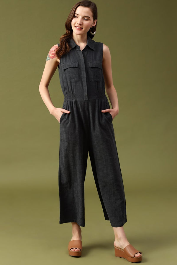 gipsy Gipsy Dark Grey Solid Cotton Dress Grey