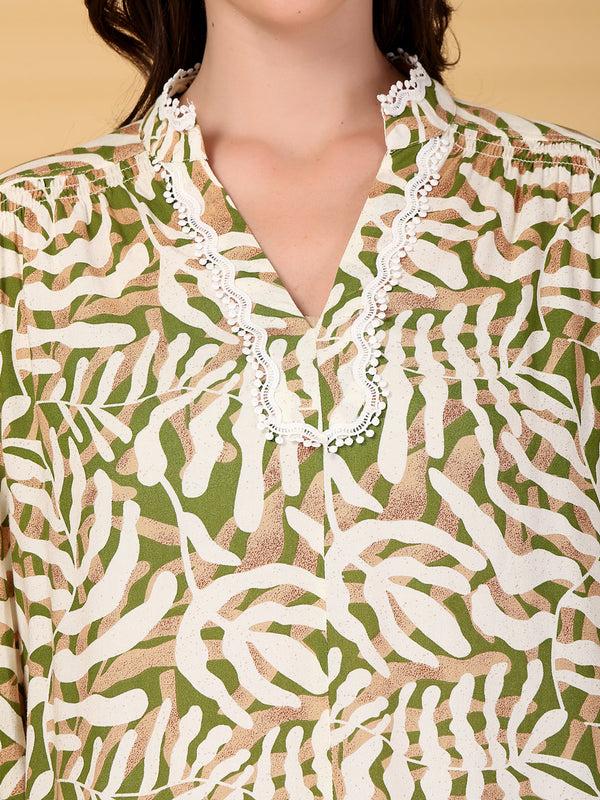 Gipsy Gipsy Green Abstract Print Lace Rayon Tunic