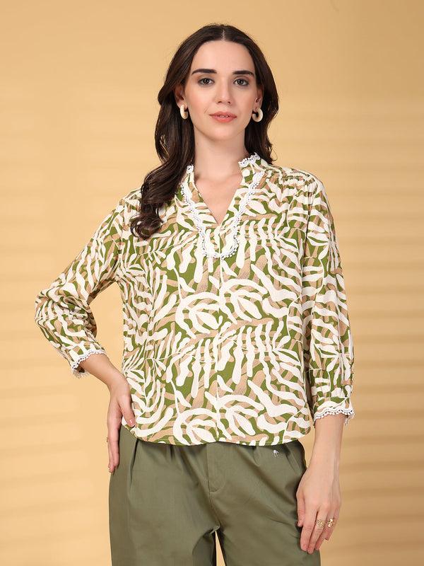 gipsy Gipsy Green Abstract Print Lace Rayon Tunic